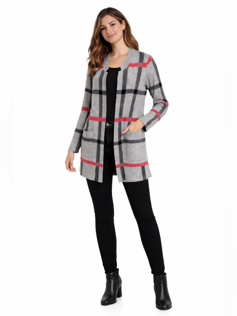Tahari Gray and Red Knit Sweater Cardigan EUC - Picture 1 of 4
